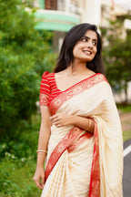Cream with Red combination crepe silk saree (CODE-024)