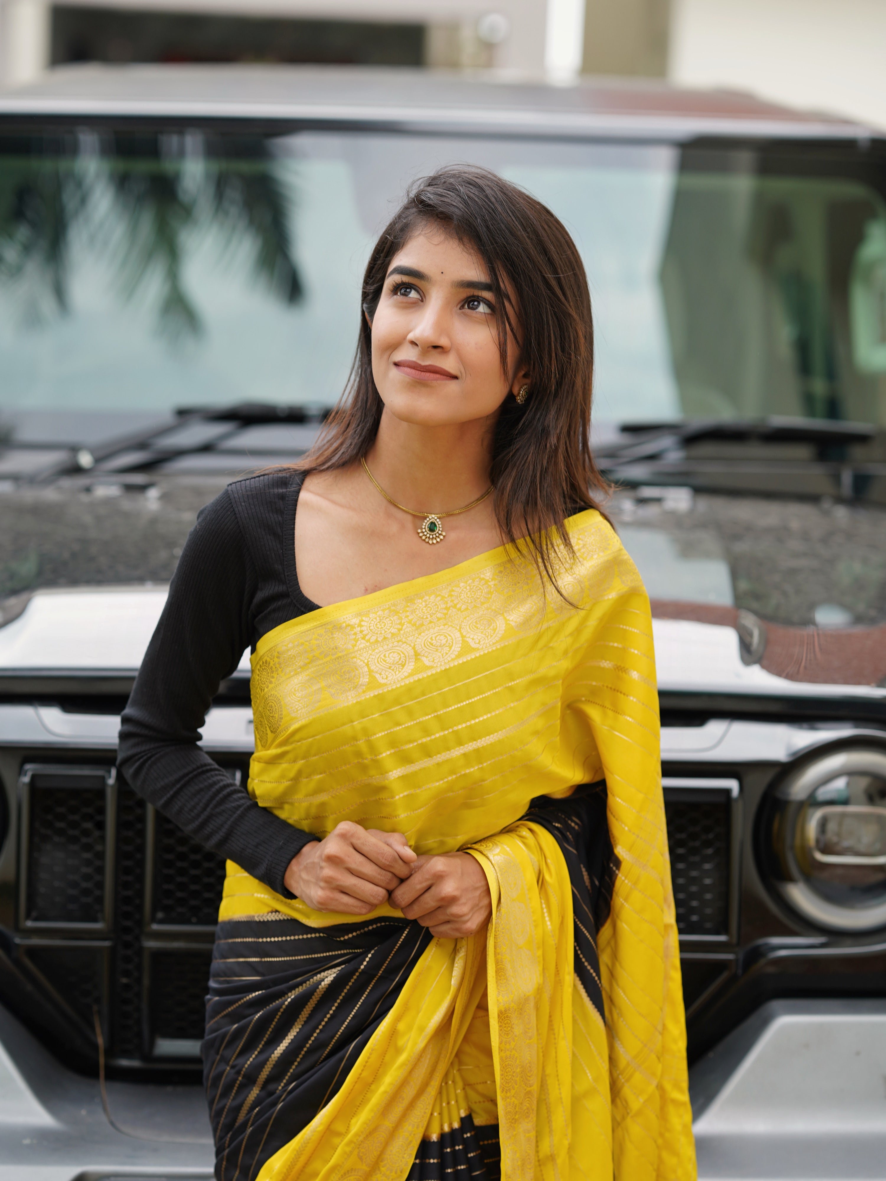Mysore semi crêpe yellow with black premium quality (CODE-049)