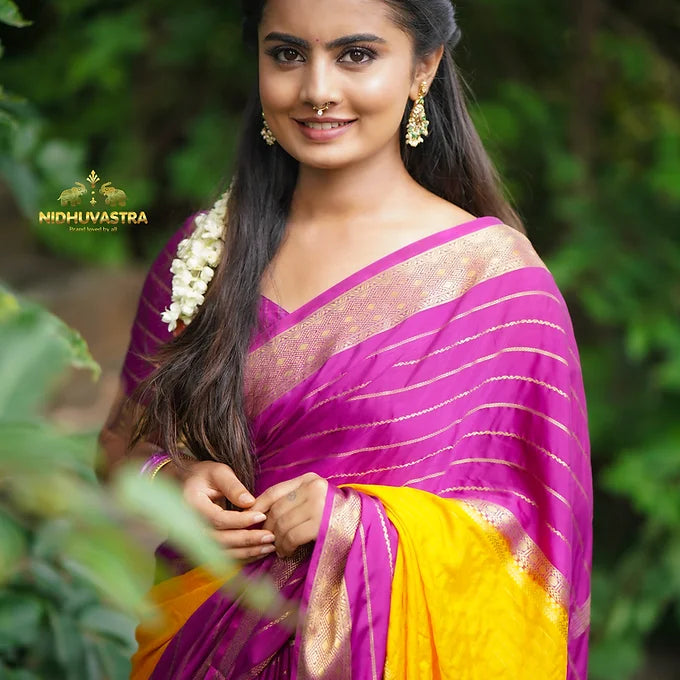 Mysore Semi Crepe Silk Saree [Pink with Yellow] (CODE-018)