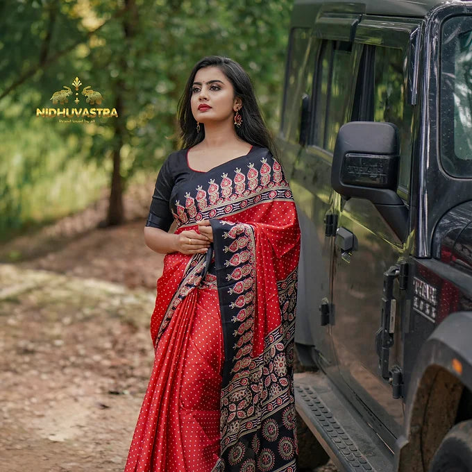 Ajrakh saree satin silk[Black with Red] (CODE-019)