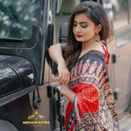 Ajrakh saree satin silk[Black with Red] (CODE-019)