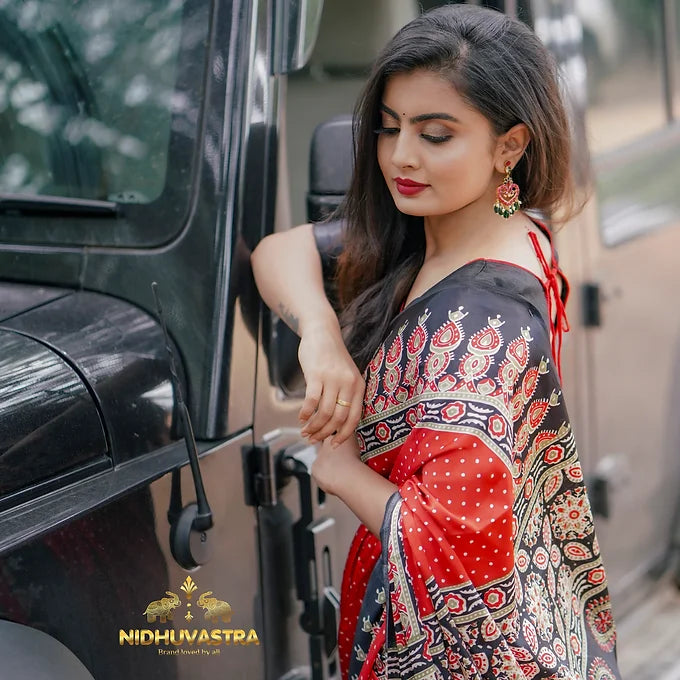 Ajrakh saree satin silk[Black with Red] (CODE-019)