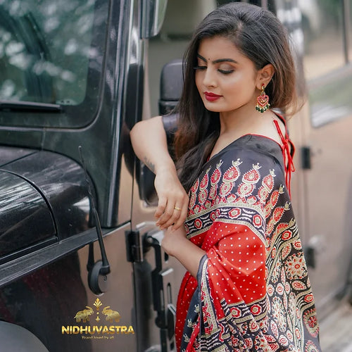 Ajrakh saree satin silk[Black with Red] (CODE-019)