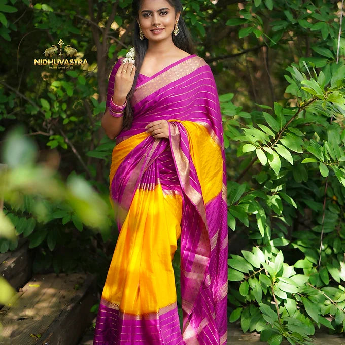 Mysore Semi Crepe Silk Saree [Pink with Yellow] (CODE-018)