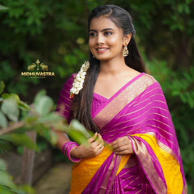 Mysore Semi Crepe Silk Saree [Pink with Yellow] (CODE-018)