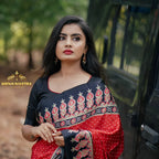 Ajrakh saree satin silk[Black with Red] (CODE-019)