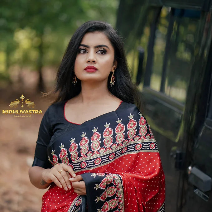 Ajrakh saree satin silk[Black with Red] (CODE-019)