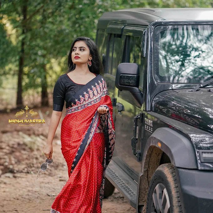 Ajrakh saree satin silk[Black with Red] (CODE-019)