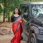 Ajrakh saree satin silk[Black with Red] (CODE-019)