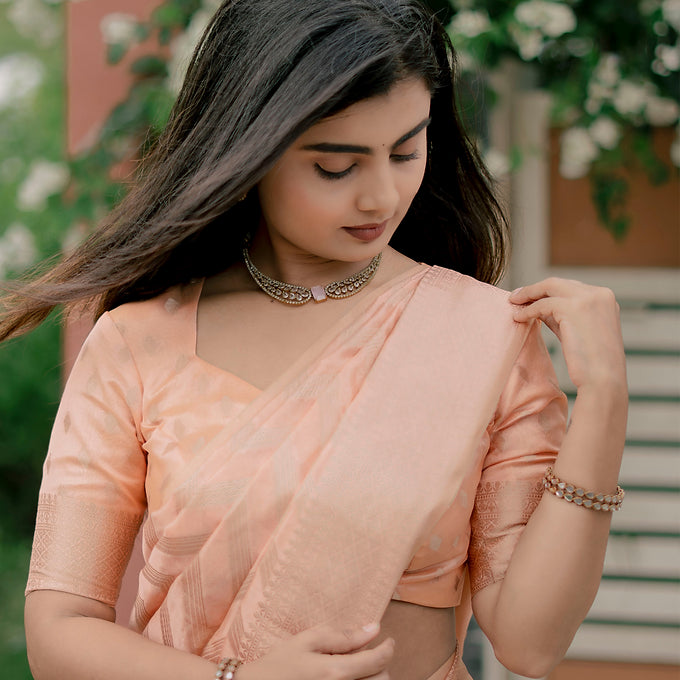 Peach Organza Silk Banarasi Saree (CODE-007)