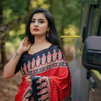 Ajrakh saree satin silk[Black with Red] (CODE-019)