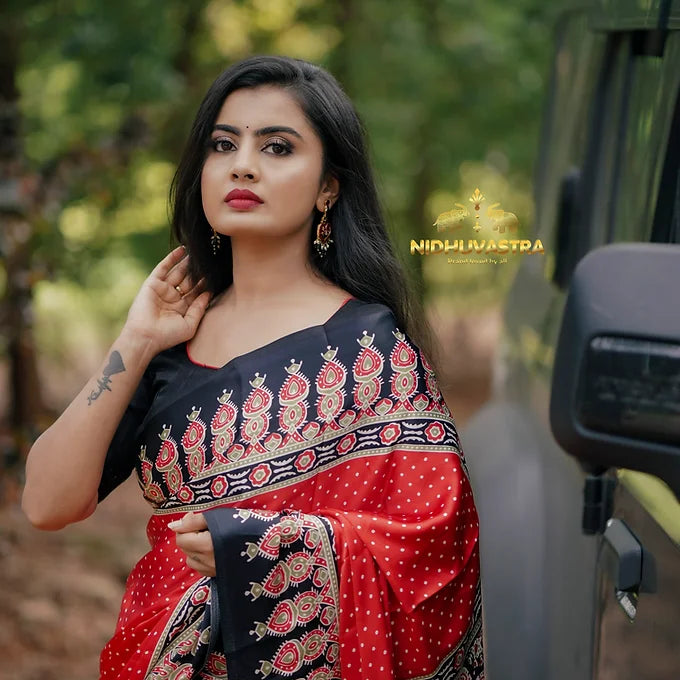Ajrakh saree satin silk[Black with Red] (CODE-019)