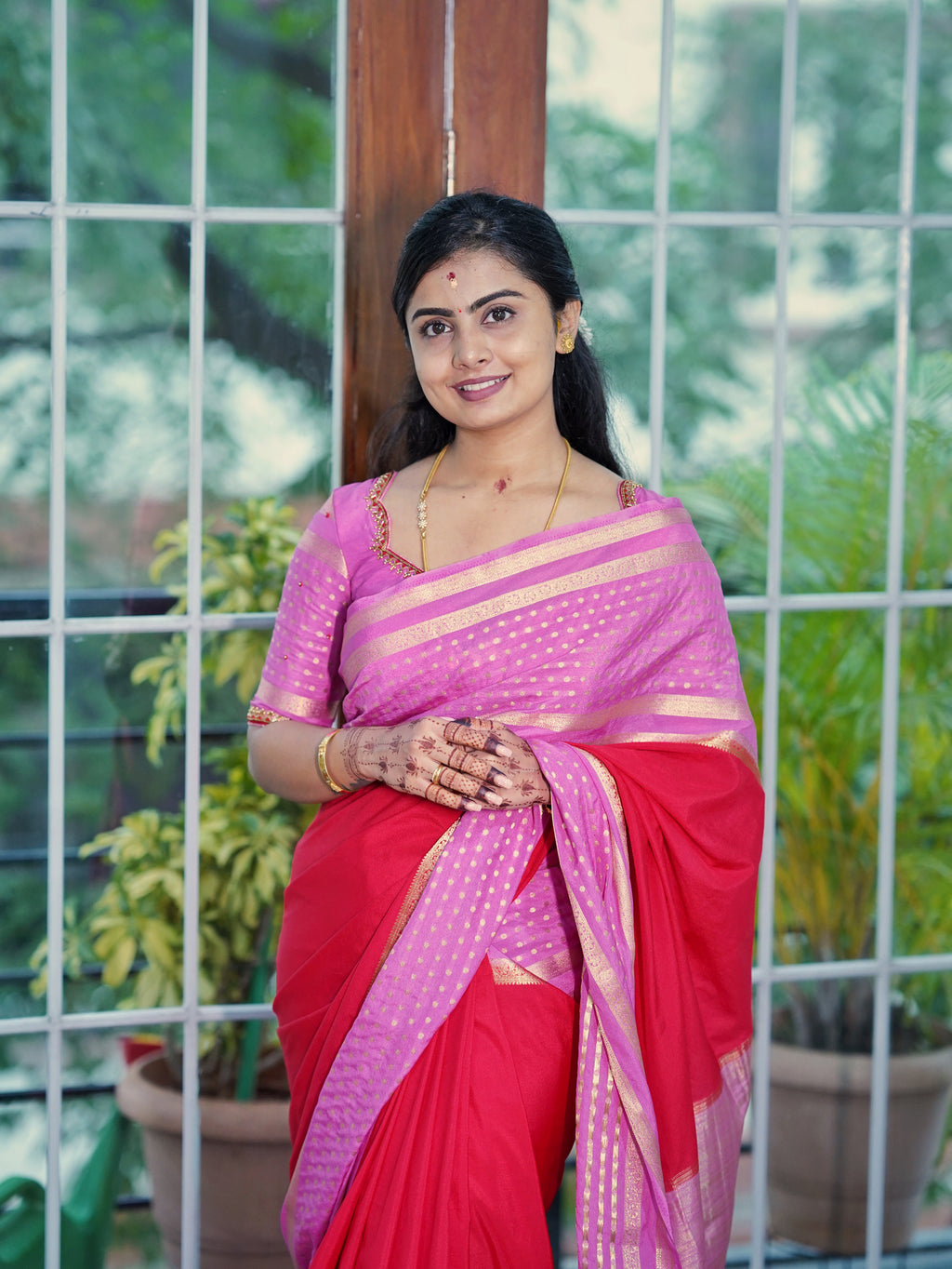 Premium Crepe Silk Saree (Pink with Red) (CODE-057)