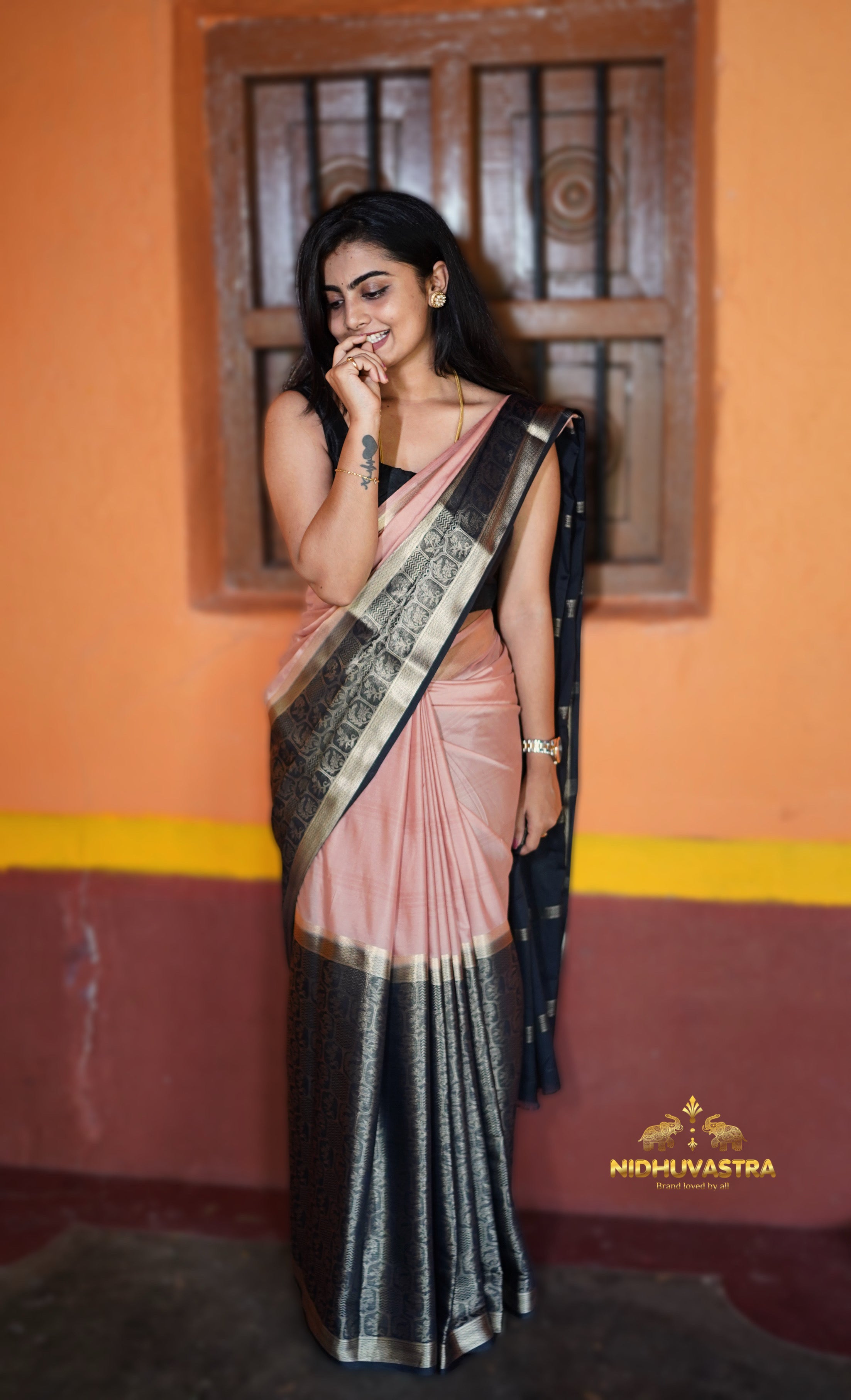 Premium quality 2D semi crepe silk saree(Black with cream Colour (CODE-025)