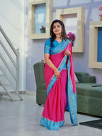 Mysore semi crepe silk saree (Rani pink with Sky blue) (CODE-056)