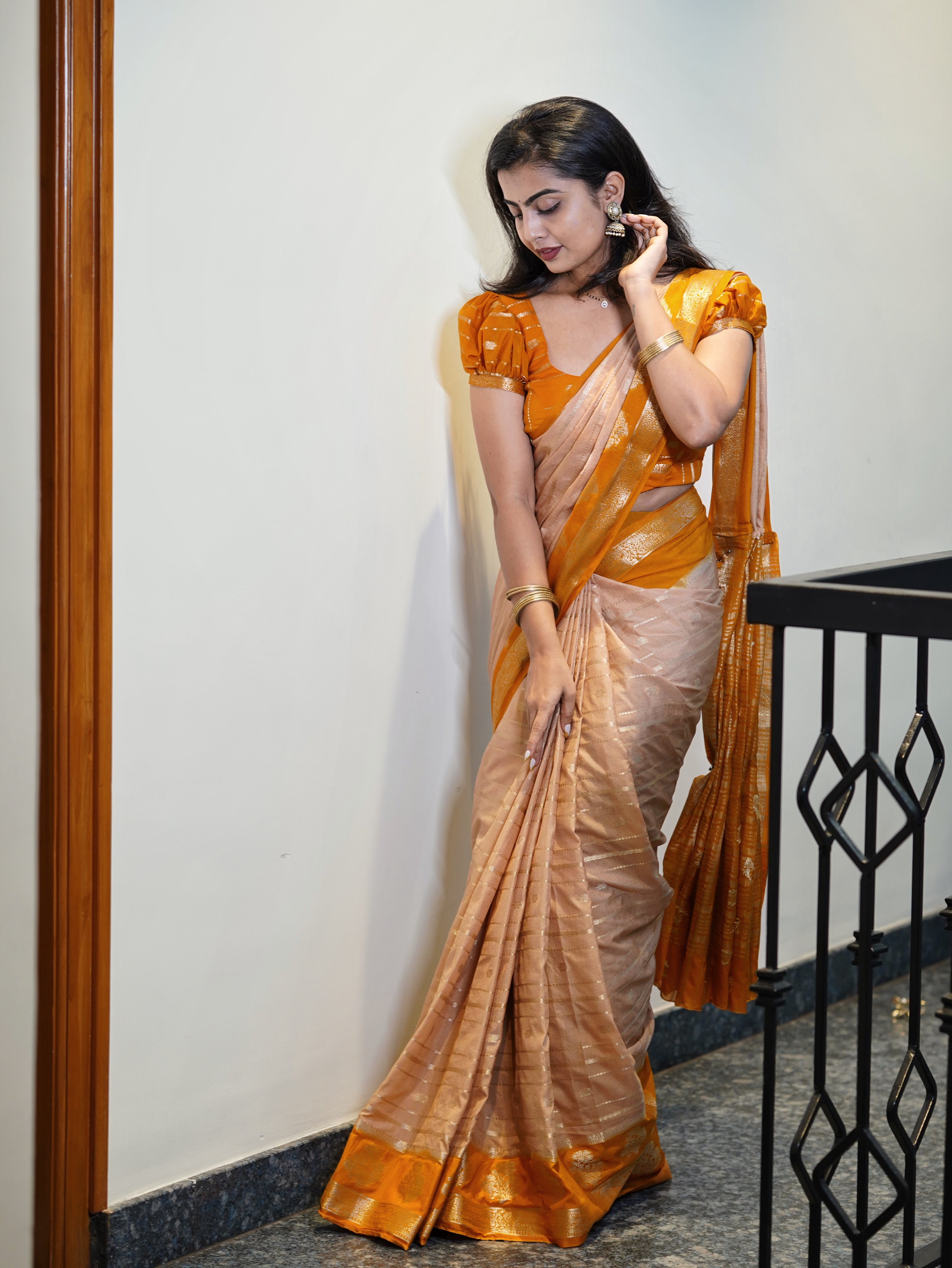 Mysore crepe saree (Peach beige with mustard colour) (CODE-047)
