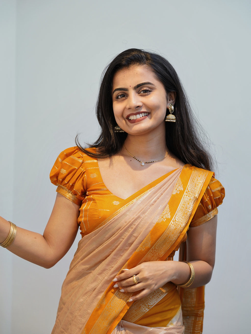 Mysore crepe saree (Peach beige with mustard colour) (CODE-047)