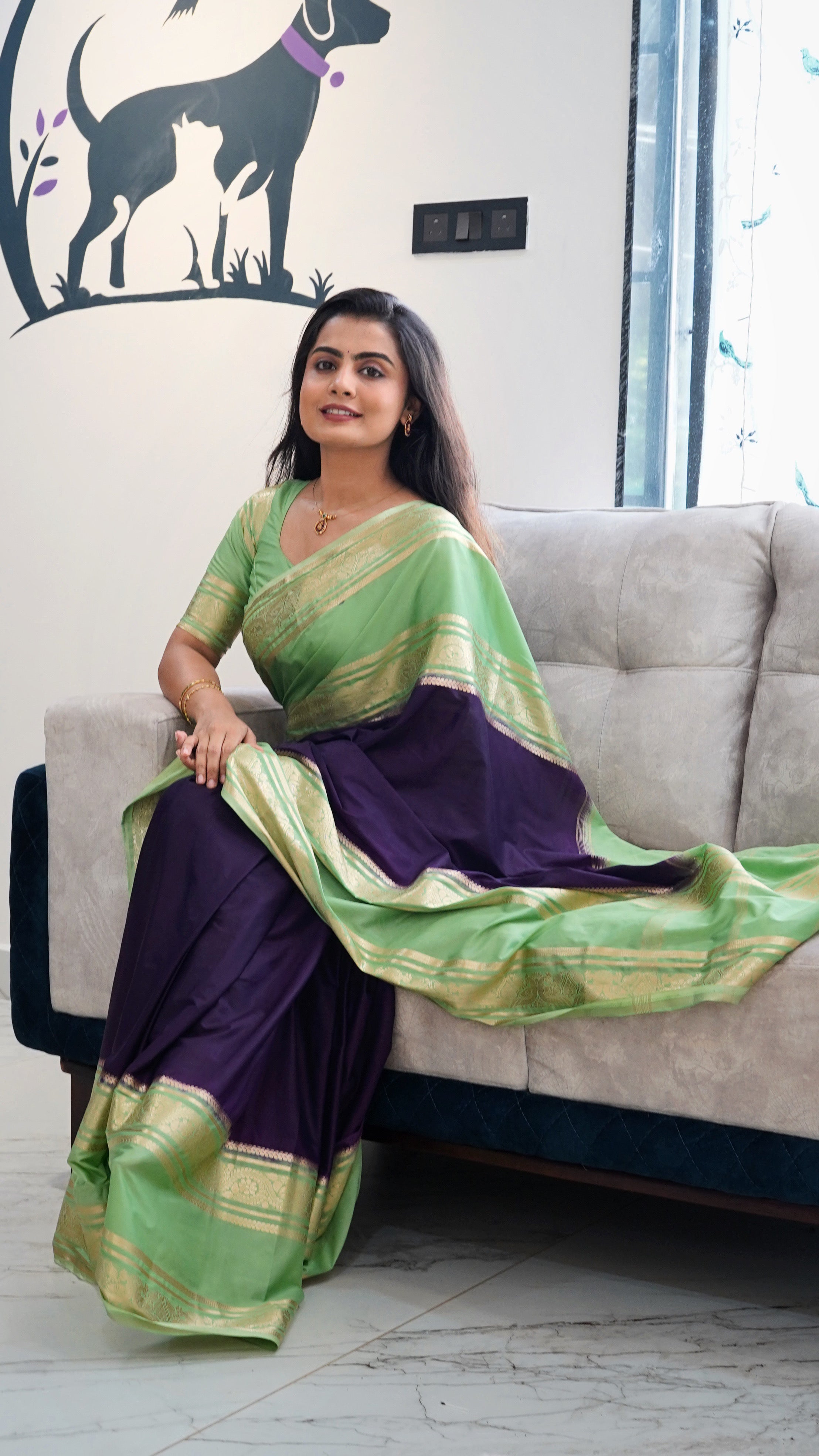 Mysore Semi Crepe Saree(Light green with dark purple colour) (CODE-033)