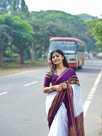 Mysore semi crêpe silk, white with a deep purple (royal purple) border (CODE-050)