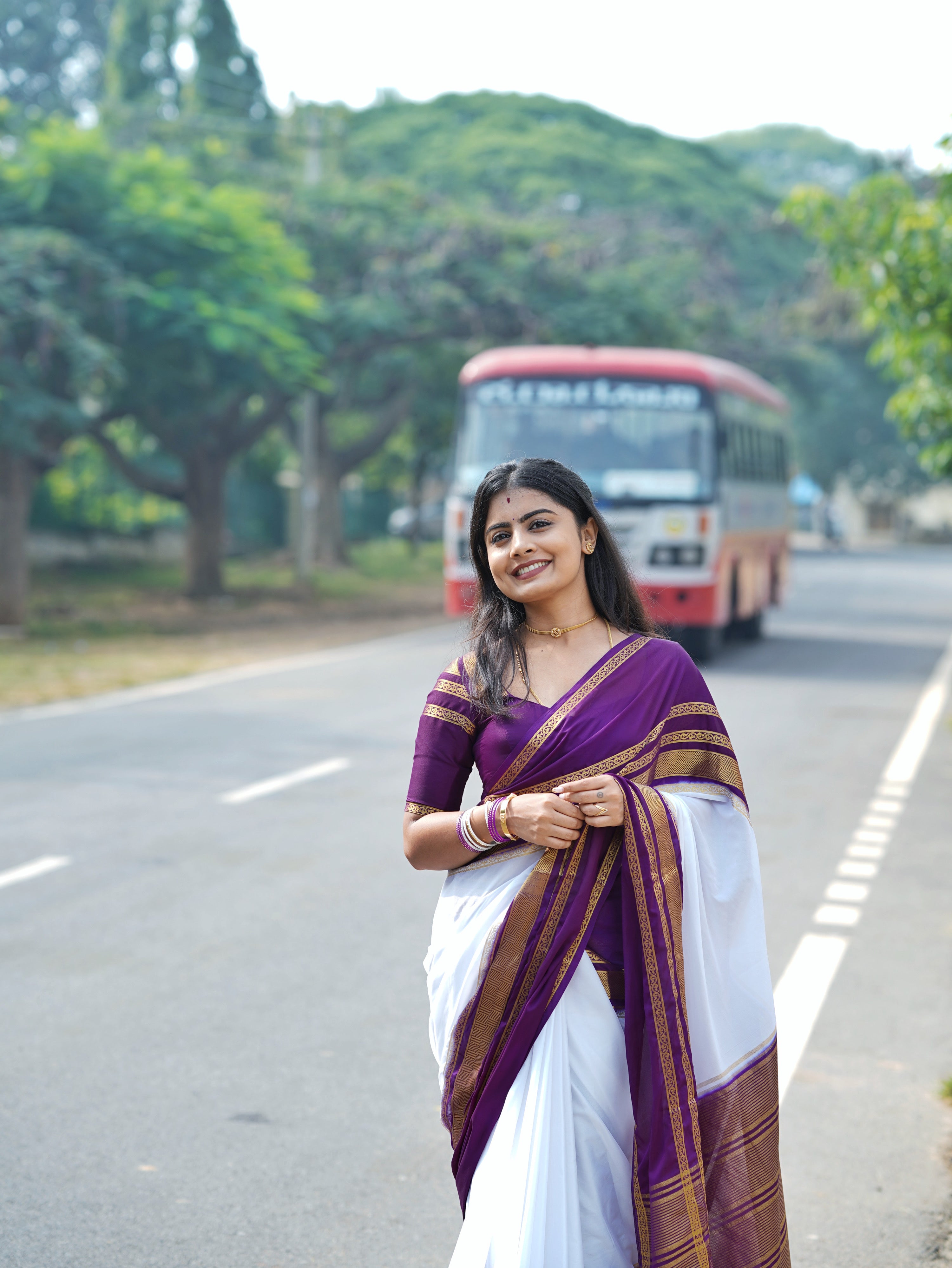 Mysore semi crêpe silk, white with a deep purple (royal purple) border (CODE-050)