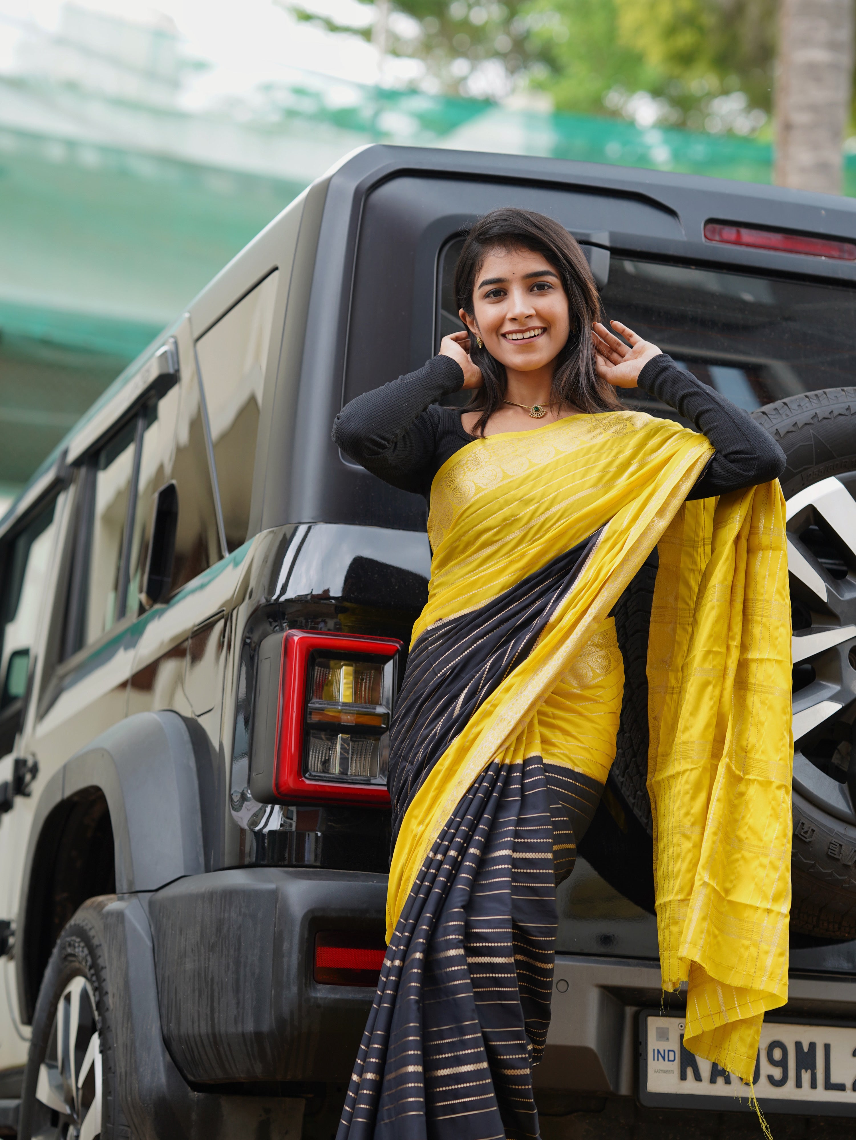 Mysore semi crêpe yellow with black premium quality (CODE-049)