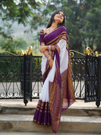 Mysore semi crêpe silk, white with a deep purple (royal purple) border (CODE-050)