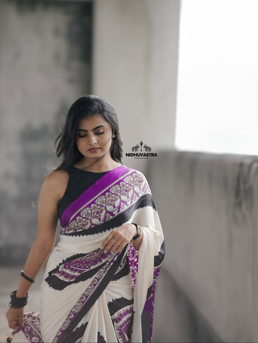 White and Purple fancy Ajrakh printed crepe silk saree (CODE-002)