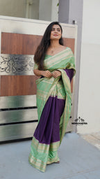 Mysore Semi Crepe Saree(Light green with dark purple colour) (CODE-033)