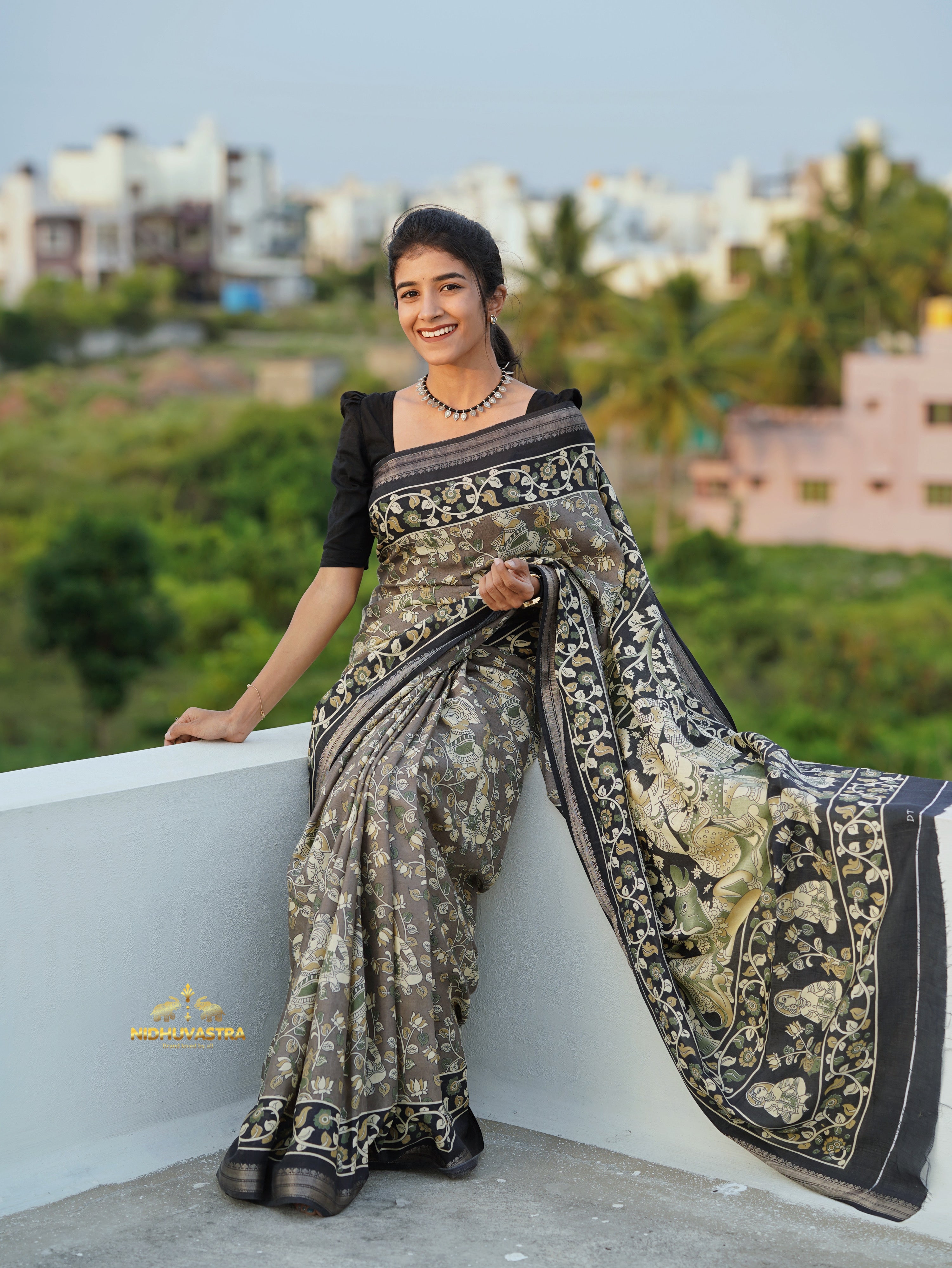 Black Kalamkari Print Saree (CODE-081)