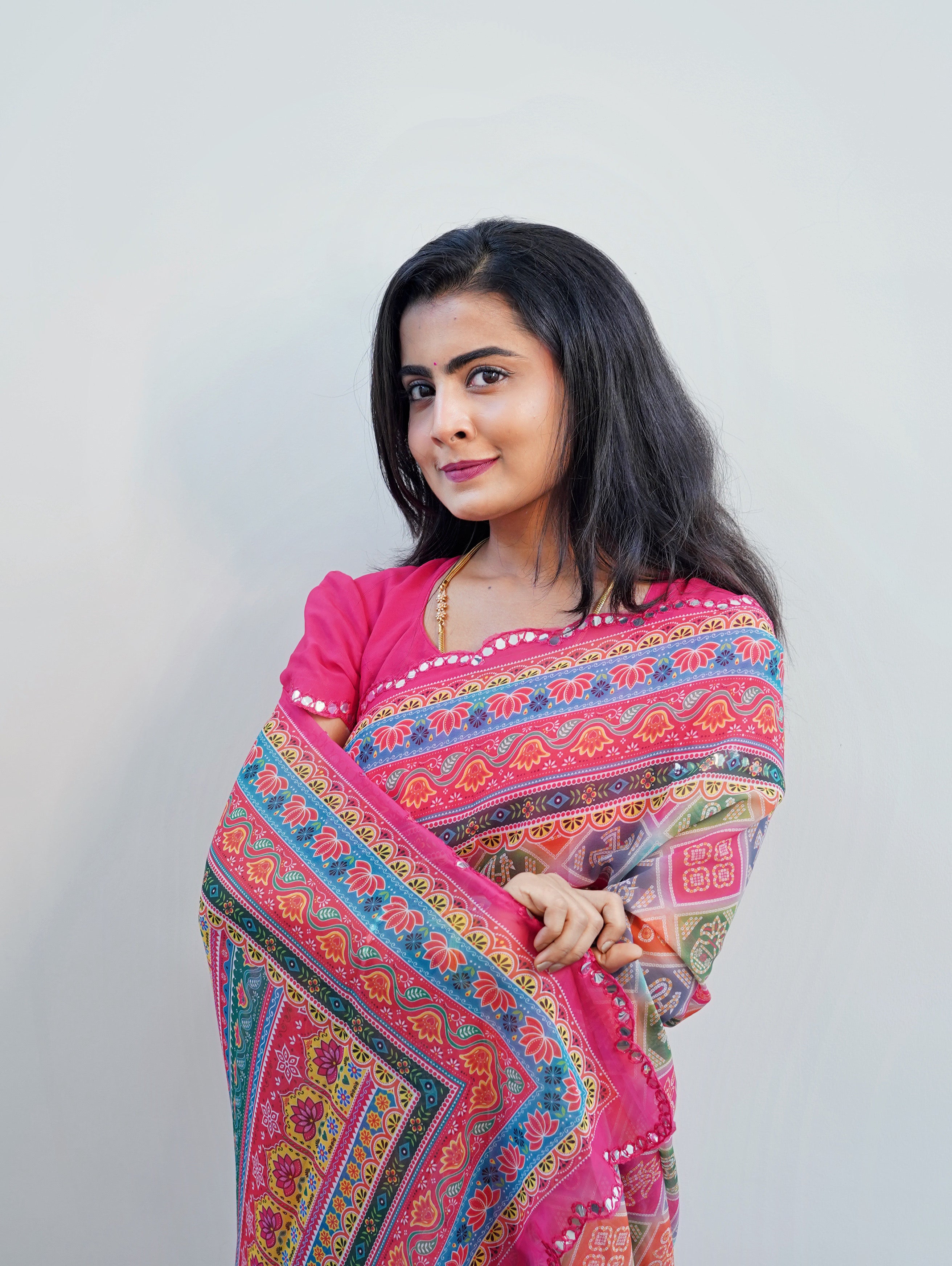 Multi color georgette saree with printed & mirror work with arco border (CODE-041)