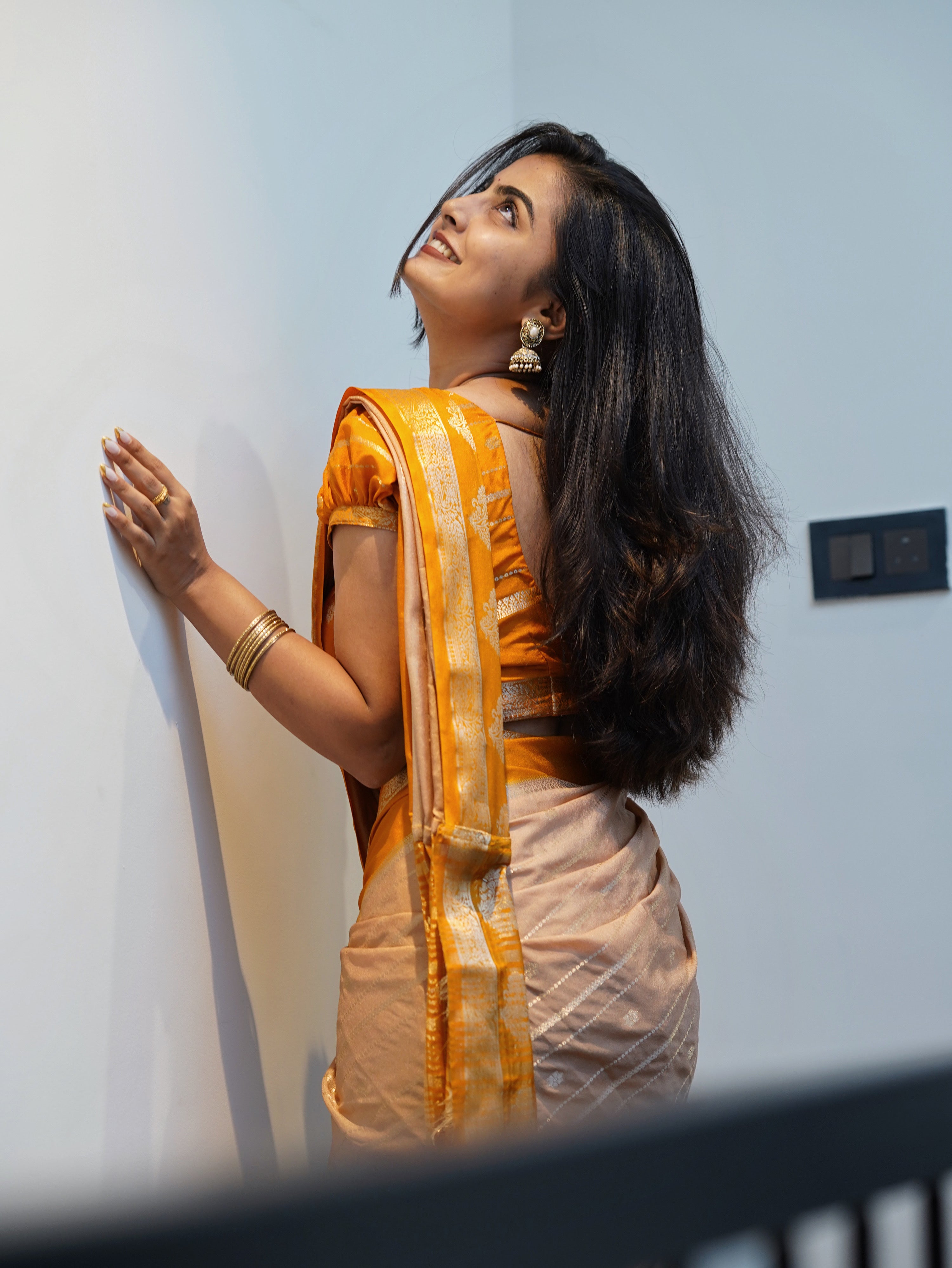 Mysore crepe saree (Peach beige with mustard colour) (CODE-047)