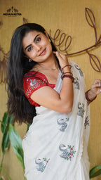 White swan print with red floral printed blouse (CODE-074)