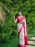 White and red soft silk saree with digital printed work (CODE-022)