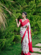 White and red soft silk saree with digital printed work (CODE-022)