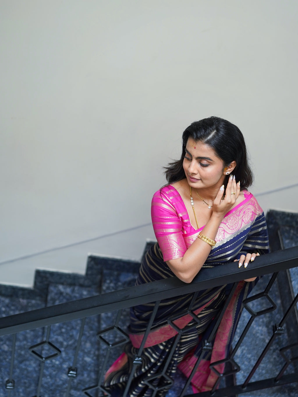 Navy Blue Saree with Pink Borders And Blouse. Mysore Semi Crepe (CODE-044)