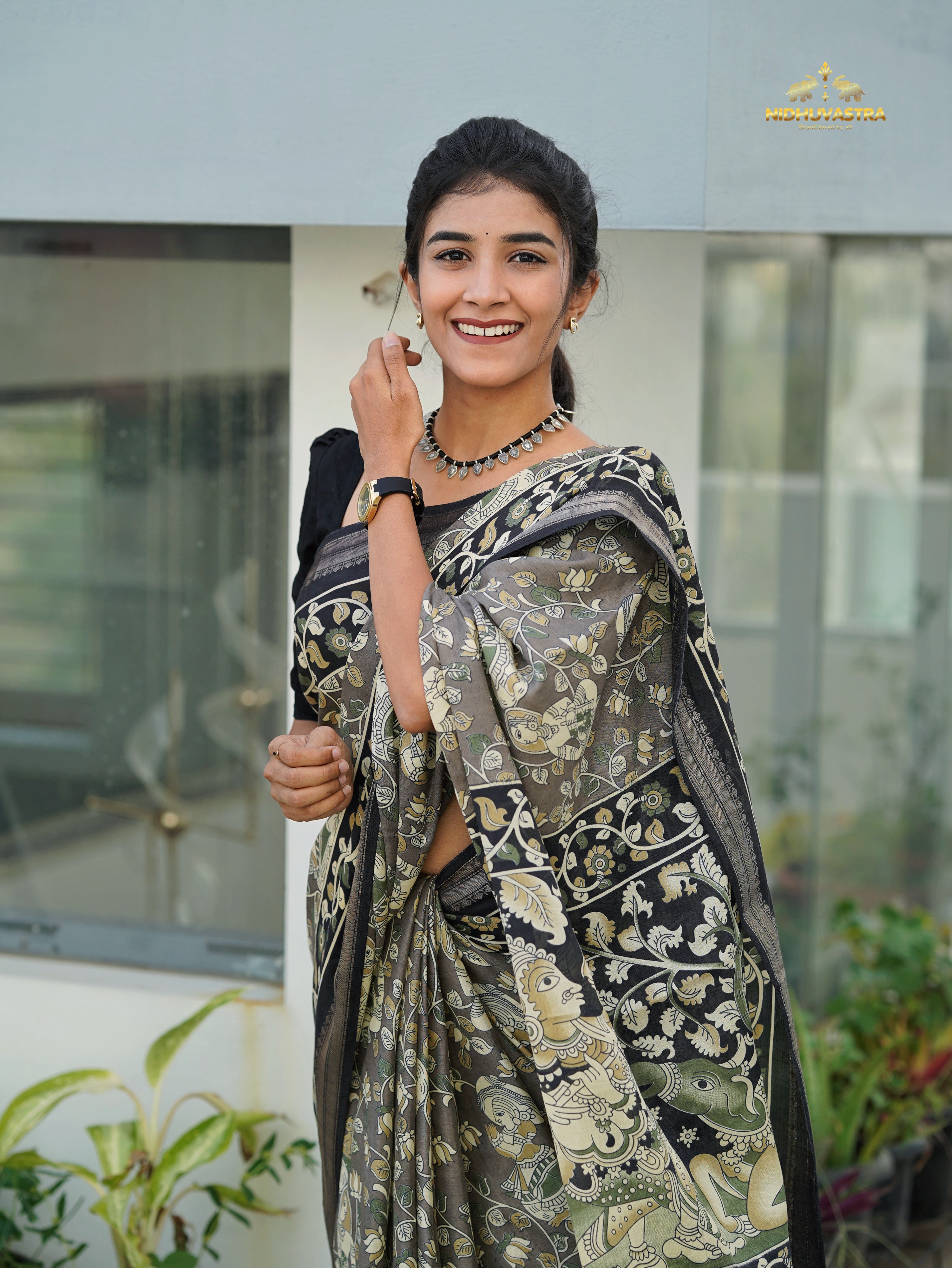 Black Kalamkari Print Saree (CODE-081)