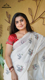 White swan print with red floral printed blouse (CODE-074)