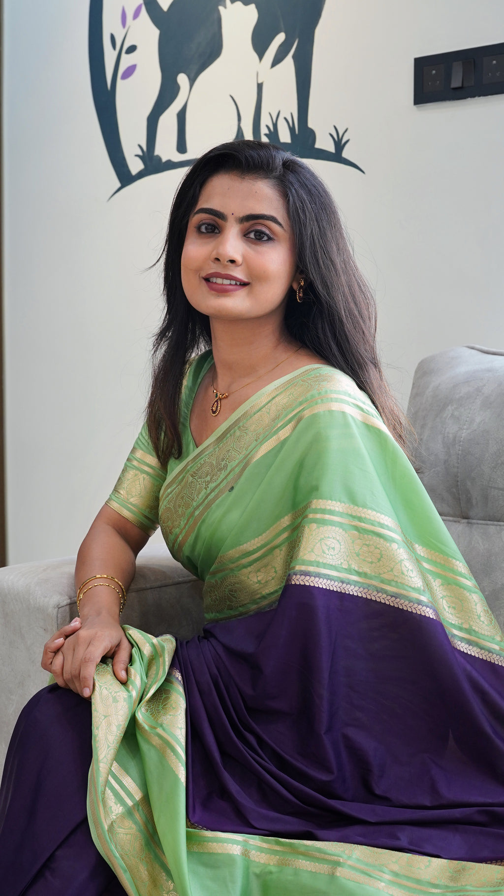 Mysore Semi Crepe Saree(Light green with dark purple colour) (CODE-033)