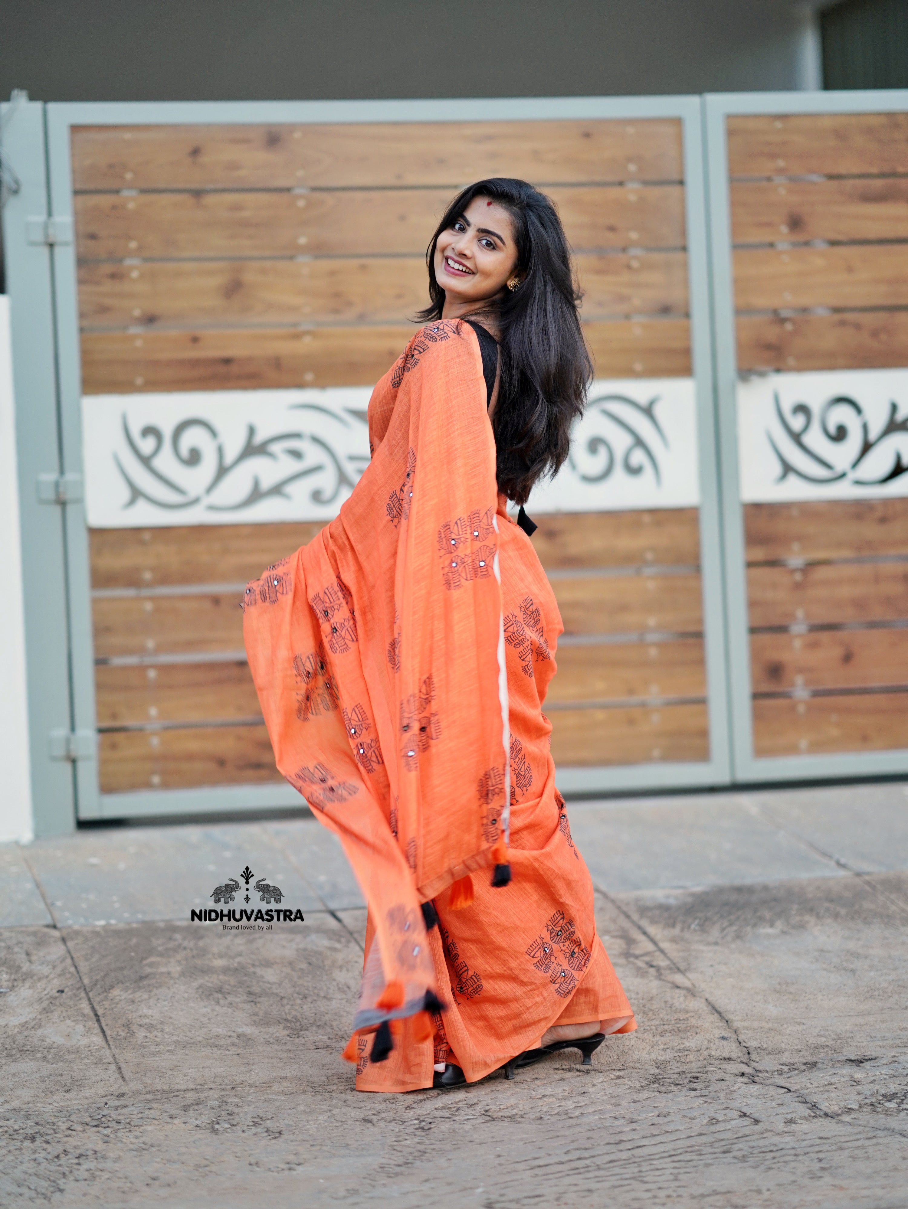 Orange Cotton Saree (CODE-073)