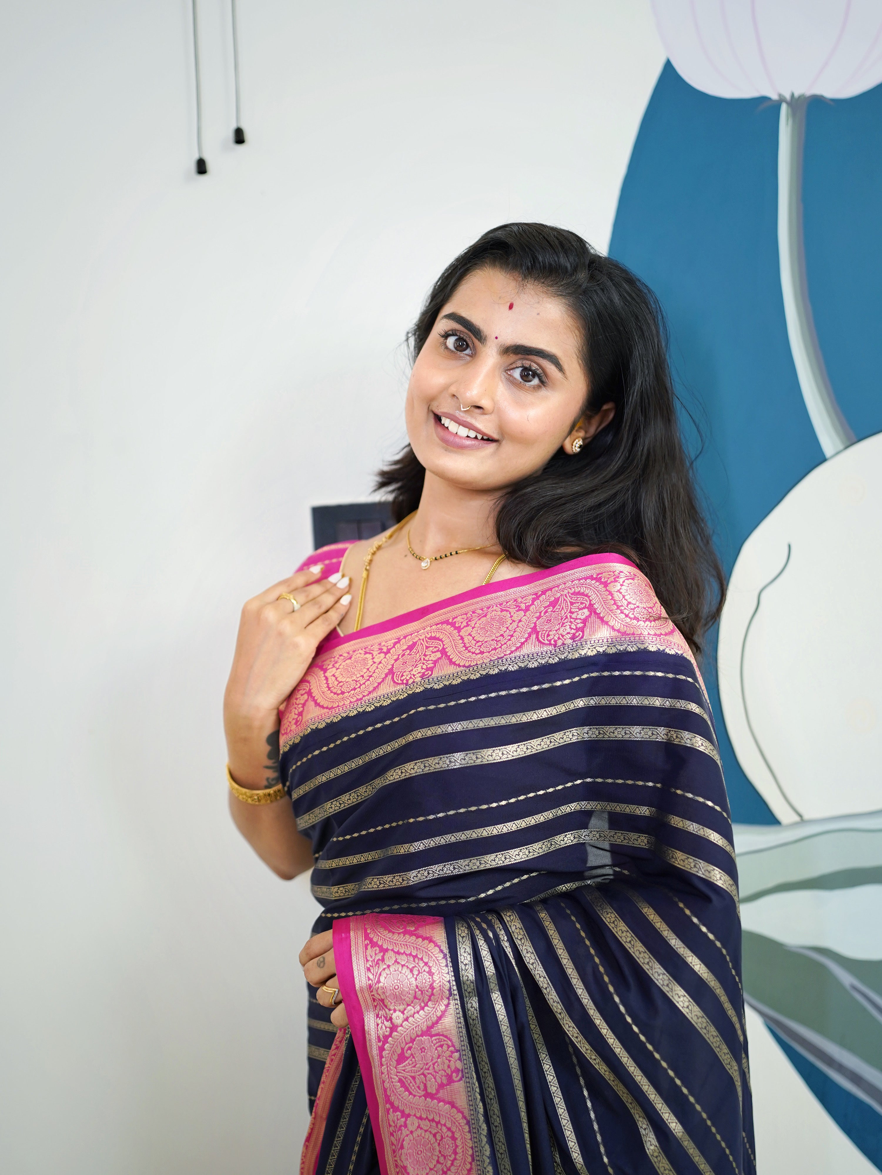 Navy Blue Saree with Pink Borders And Blouse. Mysore Semi Crepe (CODE-044)
