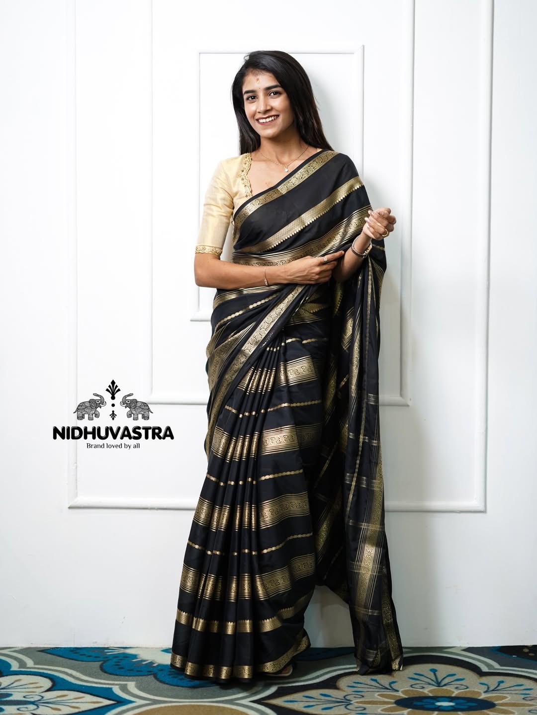 Black Block Lines Crepe Silk Saree (CODE-068)