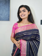 Navy Blue Saree with Pink Borders And Blouse. Mysore Semi Crepe (CODE-044)