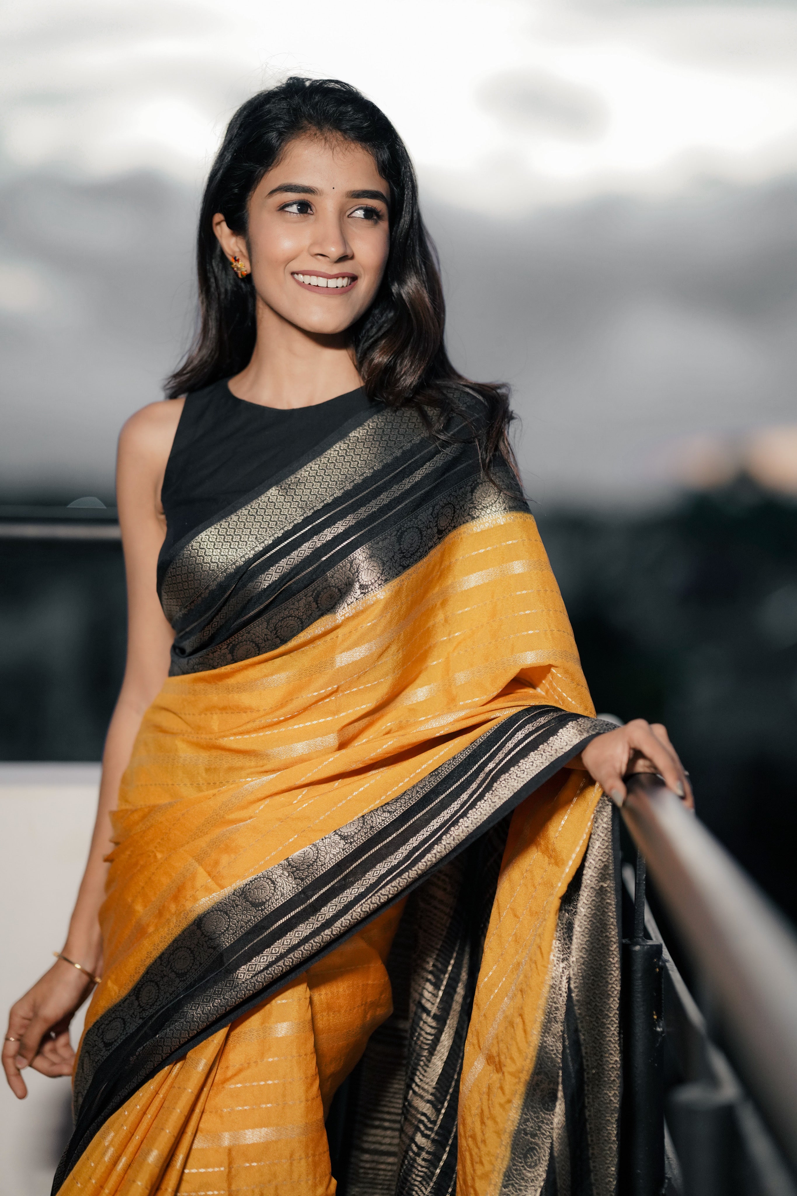 Mysore Semi Crepe (Mustard With Black Colour (CODE-029)