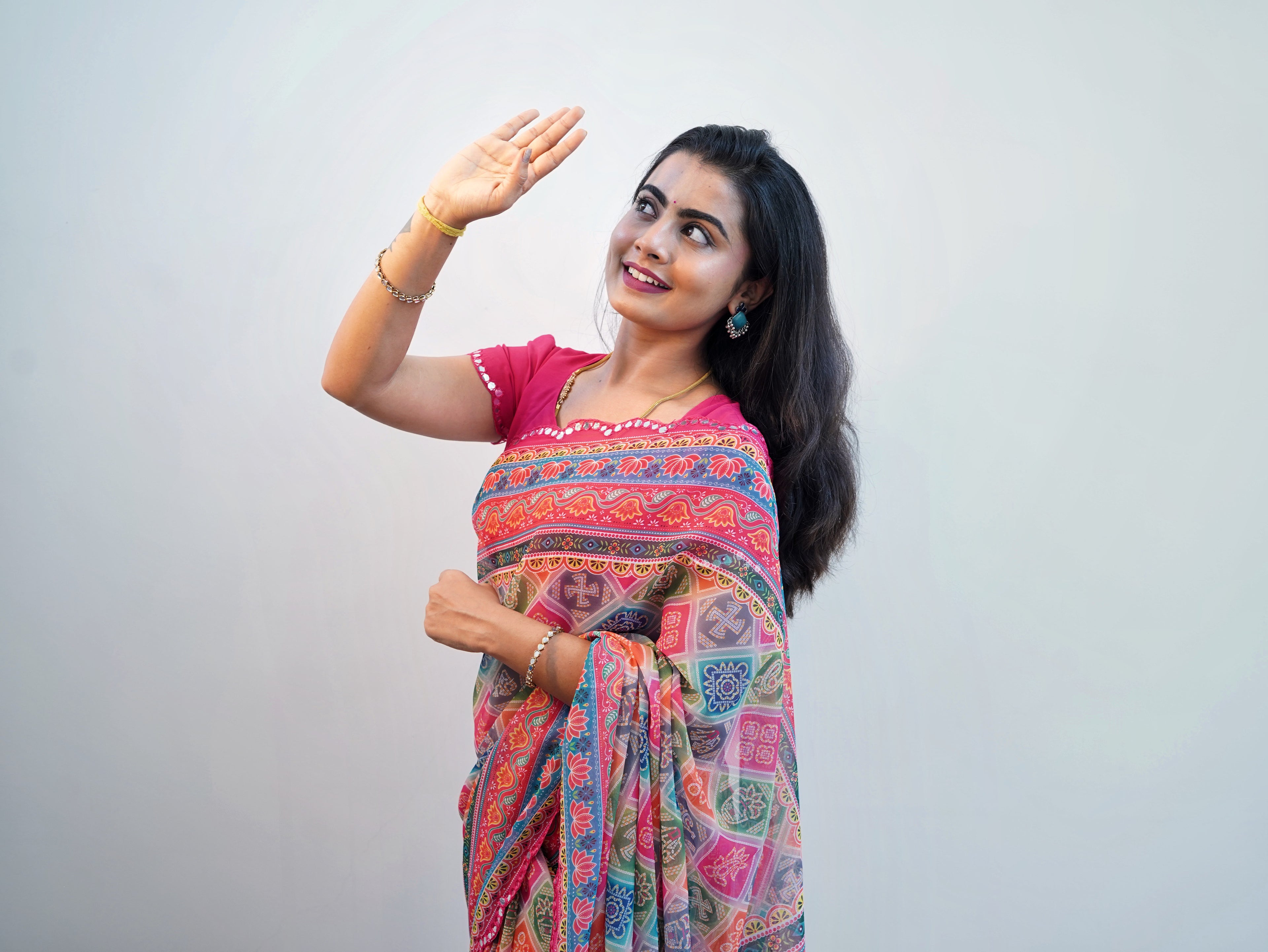 Multi color georgette saree with printed & mirror work with arco border (CODE-041)