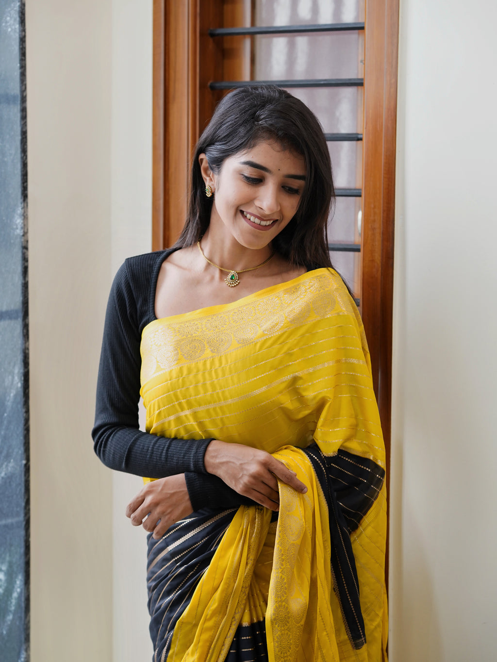 Mysore semi crêpe yellow with black premium quality (CODE-049)