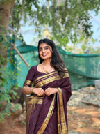 Chocolate Brown Crepe Silk Saree With Lotus Border (CODE-032)