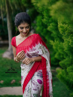 White and red soft silk saree with digital printed work (CODE-022)