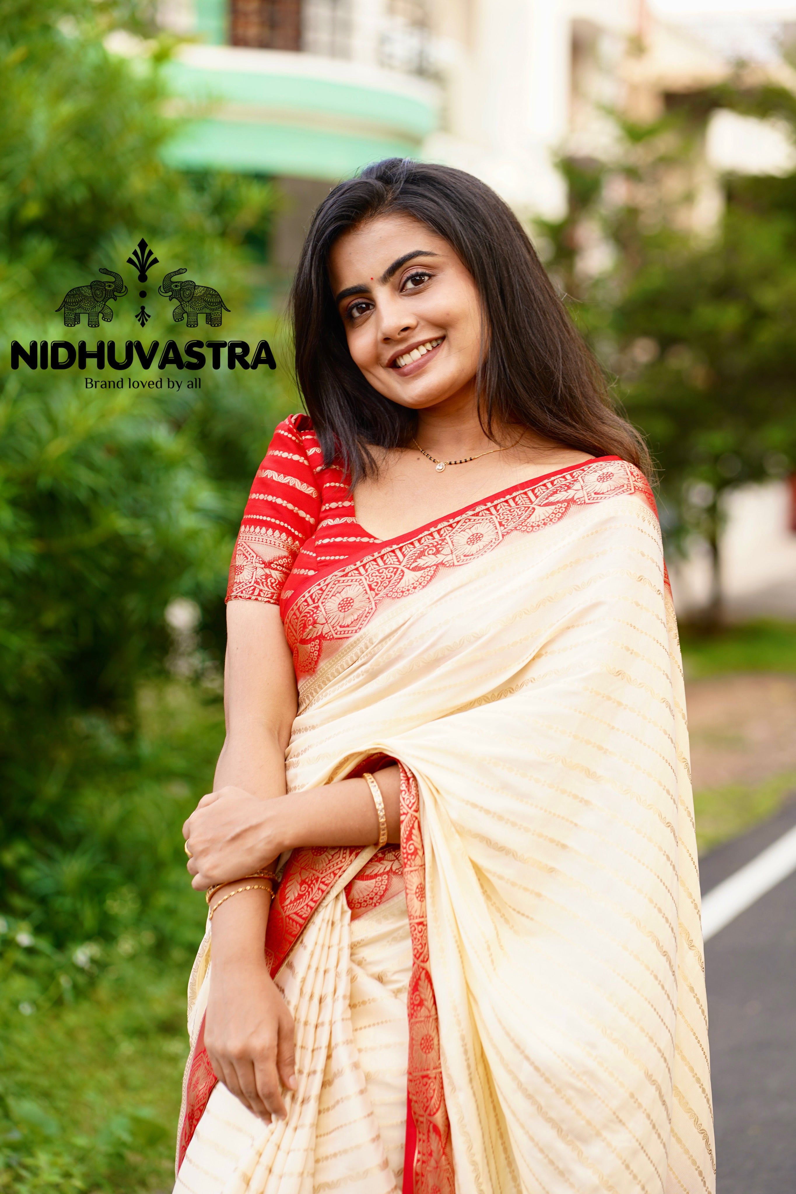 Cream with Red combination crepe silk saree (CODE-024)