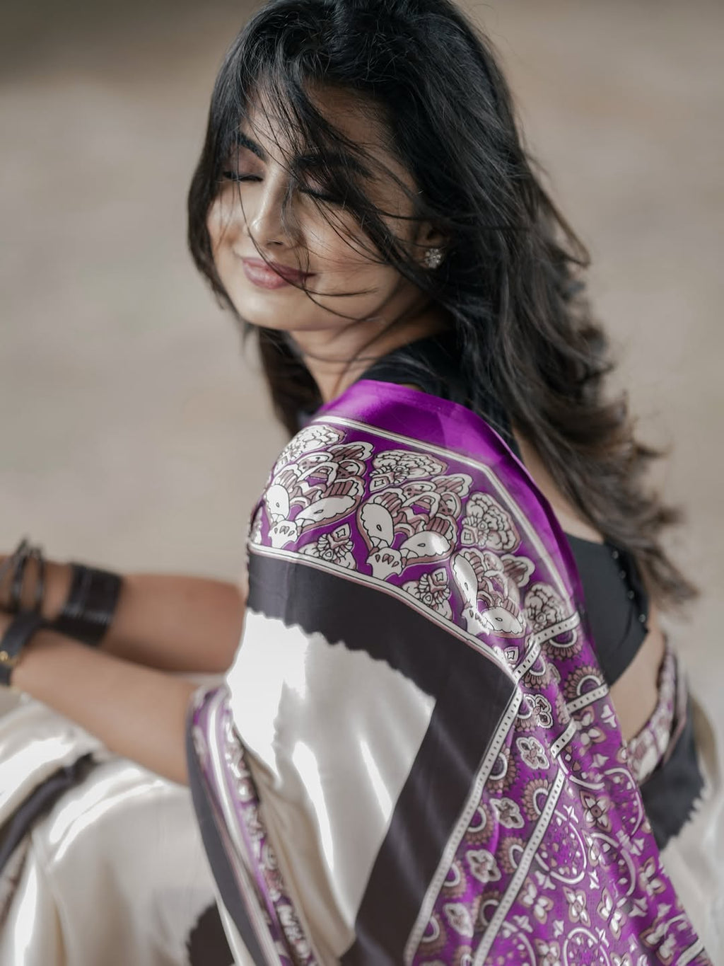 White and Purple fancy Ajrakh printed crepe silk saree (CODE-002)