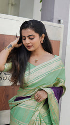 Mysore Semi Crepe Saree(Light green with dark purple colour) (CODE-033)